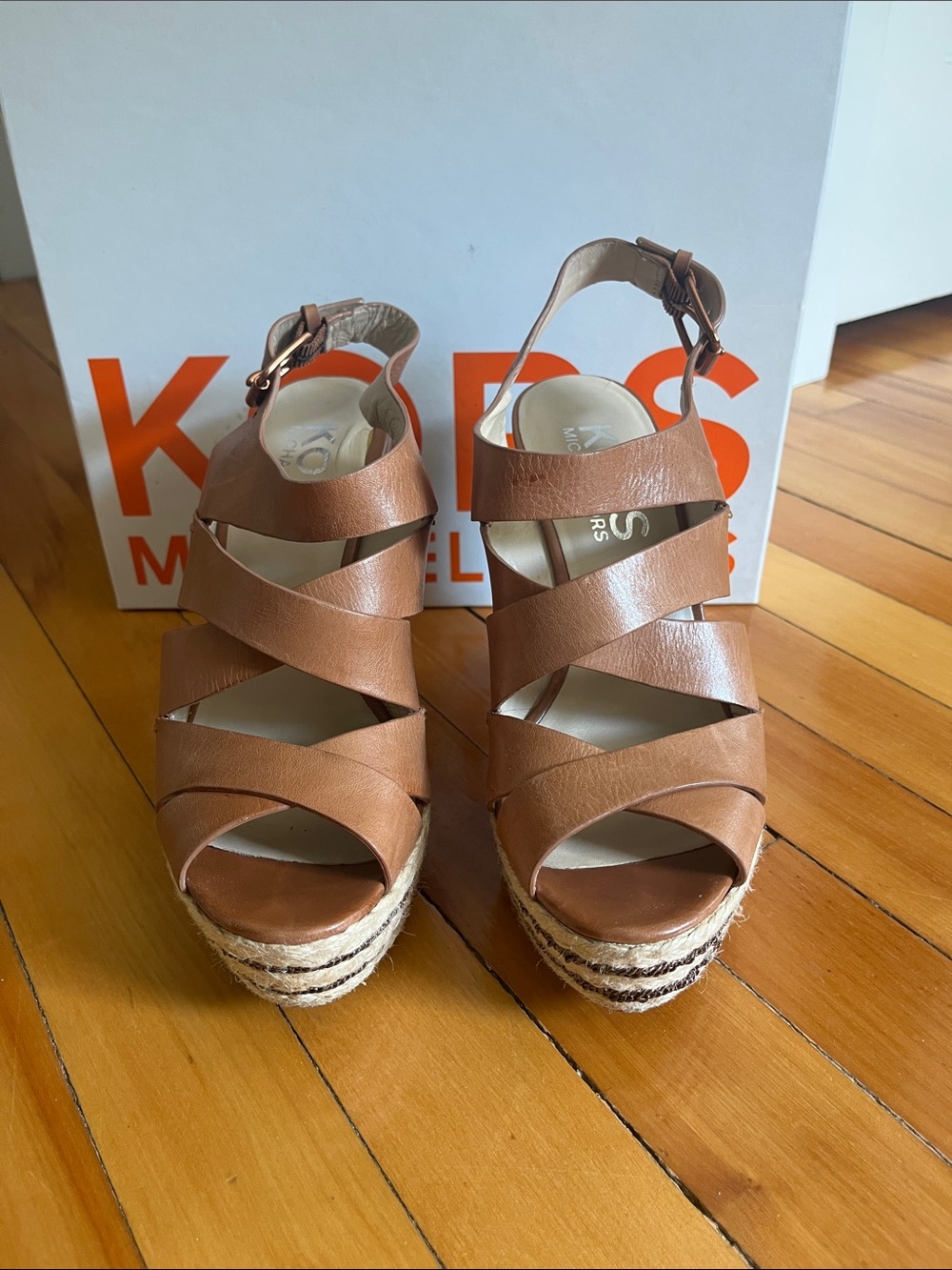 KORS Michael Kors Tan Leather Espadrille Wedge Sandals